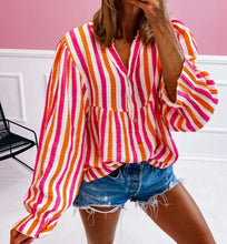 Load image into Gallery viewer, Stripe Balloon Sleeve Notched V Neck Buttoned Front Blouse
