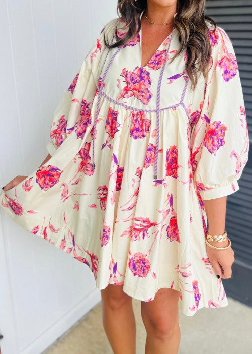 Floral Print Balloon Sleeve V Neck Babydoll Mini Dress