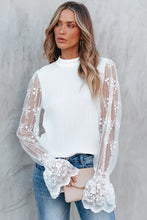 Load image into Gallery viewer, Contrast Lace Sleeve Mock Neck Textured Blouse
