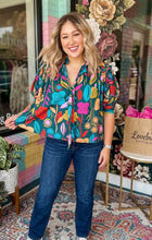 Load image into Gallery viewer, Floral Print Puff Sleeve Tied V Neck Blouse
