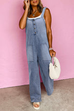 Load image into Gallery viewer, Washed Denim Half Buttons Patched Pocket Wide Leg Overalls
