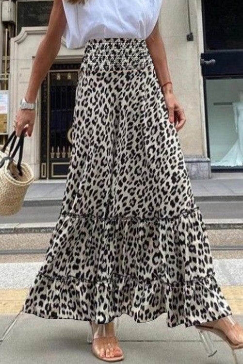 Leopard Embellished High Waist Frill Tiered Maxi Skirt