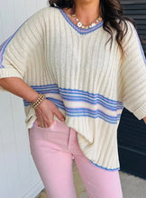 Load image into Gallery viewer, Striped V Neck Dolman Sleeve Rib Knit Oversized Sweater with Slits
