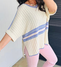 Load image into Gallery viewer, Striped V Neck Dolman Sleeve Rib Knit Oversized Sweater with Slits
