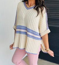 Load image into Gallery viewer, Striped V Neck Dolman Sleeve Rib Knit Oversized Sweater with Slits

