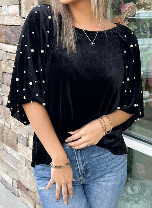 Pearl Beaded Half Sleeve Velvet Top