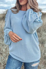 Load image into Gallery viewer, Mist Blue Corded Frilly Puff Sleeve Round Neck Blouse
