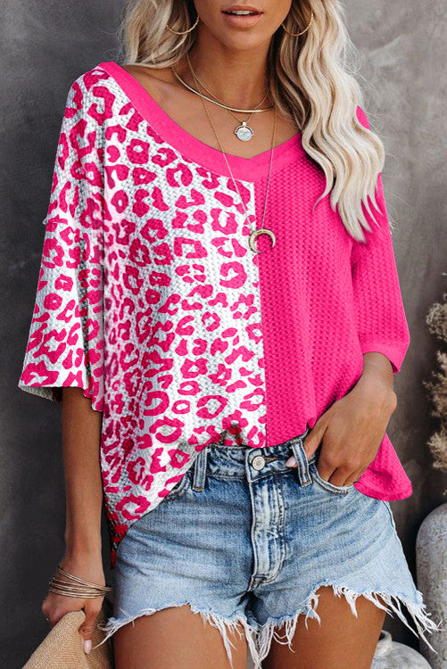 Rose Waffle Knit Leopard Contrasting Top