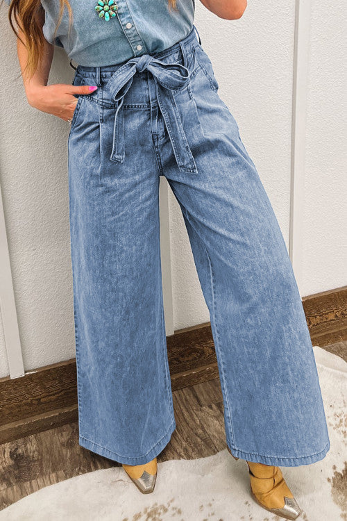 Western Washed Bow Knot Sash Wide Leg Jeans