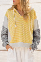 Load image into Gallery viewer, Yellow Stripe Color Block Drawstring V Neck Loose Fit Hooded Top

