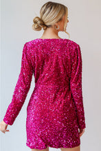 Load image into Gallery viewer, Pink Velvet Sequin Long Sleeve V Neck Wrapped Mini Dress
