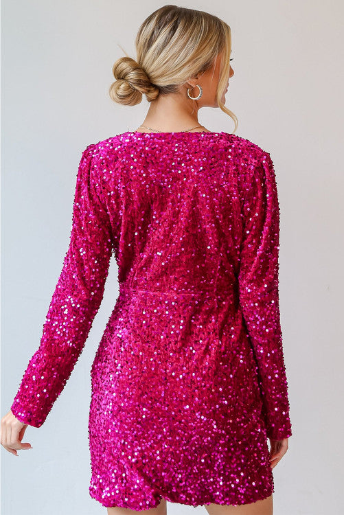 Pink Velvet Sequin Long Sleeve V Neck Wrapped Mini Dress Lovebug Boutique Pink Velvet Sequin Long Sleeve V Neck Wrapped Mini Dress Lovebug Boutique