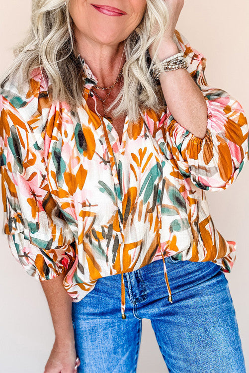 Abstract Print Frilled V Neck Blouse