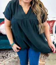 Load image into Gallery viewer, Black Plus Size Textured Short Sleeve Babydoll Blouse
