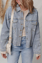 Load image into Gallery viewer, Bow Knot Print Light Wash Raw Hem Denim Jacket
