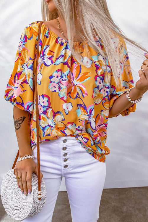 Floral Print Elastic Neckline Blouse