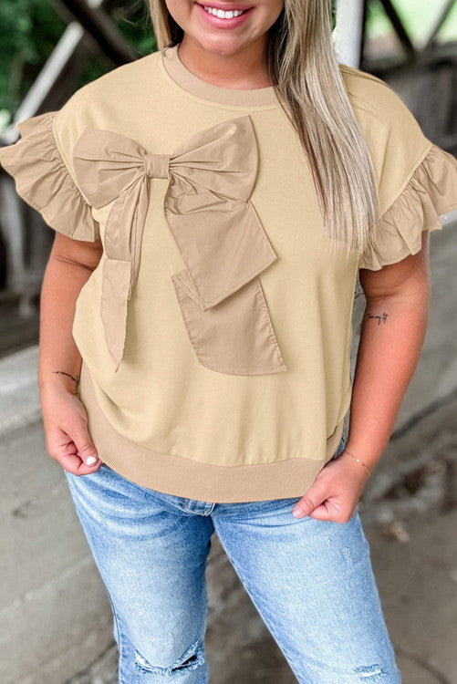 Ruffled Short Sleeve Bow Crew Neck Plus Size Top