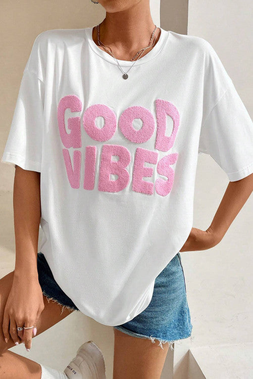 GOOD VIBES Chenille Embroidered Crewneck oversized T Shirt