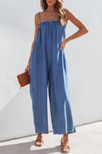 Load image into Gallery viewer, Spaghetti Straps Frilled Neckline Pocketed Wide Leg Denim Jumpsuit
