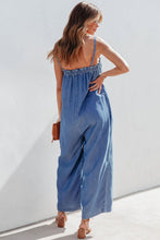 Load image into Gallery viewer, Spaghetti Straps Frilled Neckline Pocketed Wide Leg Denim Jumpsuit
