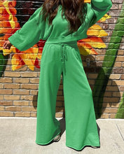 Load image into Gallery viewer, Drop Shoulder Puff Sleeve Crop Pullover Drawstring Wide Leg Pants Set
