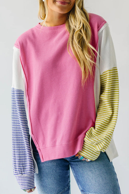 Exposed Seam Striped Color Block Patchwork Long Sleeve Top