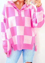 Load image into Gallery viewer, Checkerboard Half Button Collared Drop Shoulder Sweater
