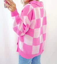 Load image into Gallery viewer, Checkerboard Half Button Collared Drop Shoulder Sweater
