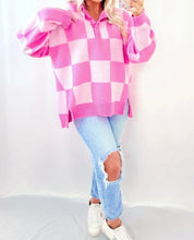 Load image into Gallery viewer, Checkerboard Half Button Collared Drop Shoulder Sweater
