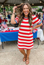 Load image into Gallery viewer, Stripe Contrast Trim Round Neck Short Puff Sleeve Shift Mini Dress
