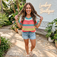 Load image into Gallery viewer, Stripe Color Block Hollow Out Knit Short Sleeve Sweater
