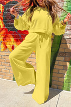 Load image into Gallery viewer, Drop Shoulder Puff Sleeve Crop Pullover Drawstring Wide Leg Pants Set
