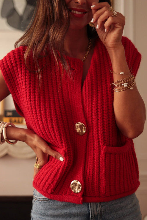 Textured Knit Side Pockets Buttoned Sweater Vest