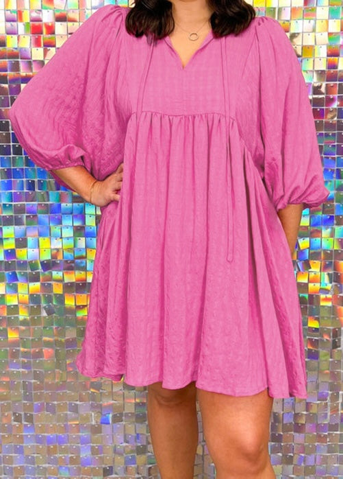 Plus Size Textured Tie Split Neck Puff Sleeve Flowy Mini Dress