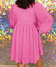 Load image into Gallery viewer, Plus Size Textured Tie Split Neck Puff Sleeve Flowy Mini Dress
