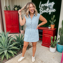 Load image into Gallery viewer, Stripe Collared Button Front Sleeveless Denim Mini Dress
