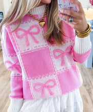 Load image into Gallery viewer, Pink Bow Knot Two Tone Checkered Crew Neck Sweater
