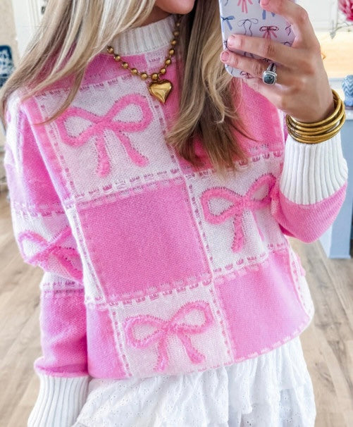 Pink Bow Knot Two Tone Checkered Crew Neck Sweater