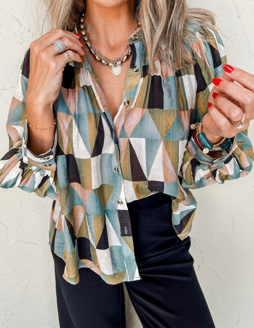 Geometric Print Buttoned Balloon Sleeve Loose Fit Shirt – Lovebug Boutique