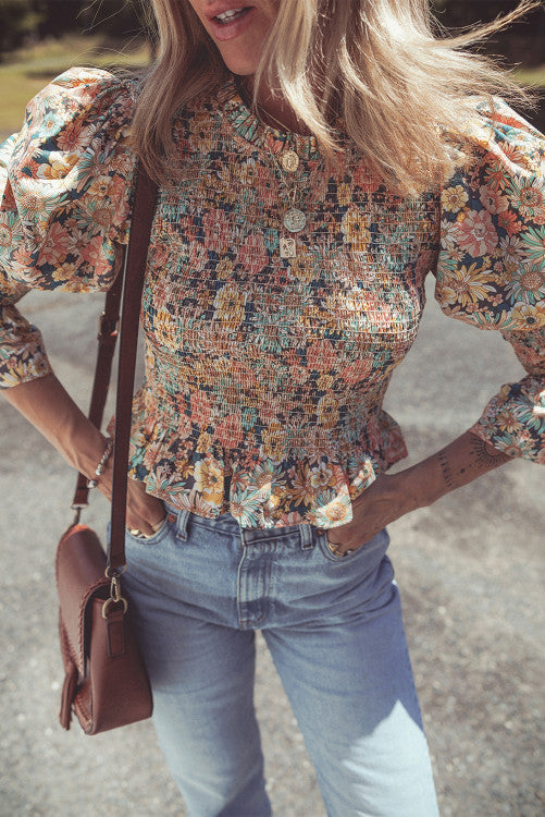 Floral Print Smocked Bubble Sleeve Ruffled Crop Top