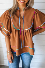 Load image into Gallery viewer, Curry Colorful Trim Wide Short Sleeve V Neck Blouse
