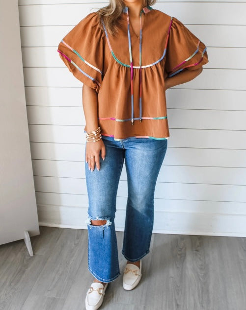 Curry Colorful Trim Wide Short Sleeve V Neck Blouse