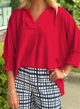 Load image into Gallery viewer, V Neck Collared Shirred 3/4 Sleeve Oversized Tunic Top
