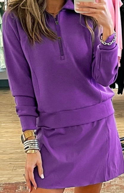 Half Zip Sporty Pullover Mini Skirt 2pcs Outfit