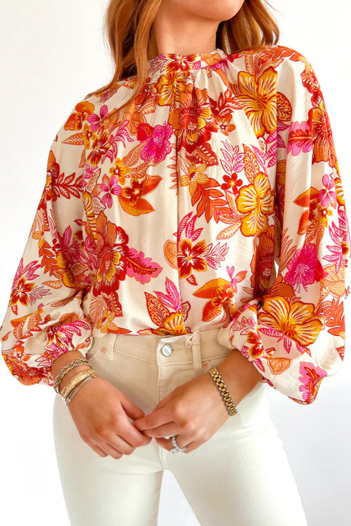 Floral Print Long Puff Sleeve Blouse