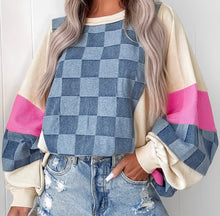 Load image into Gallery viewer, Oversized Checkered Denim Exposed Seam Patchwork Casual Sweatshirt
