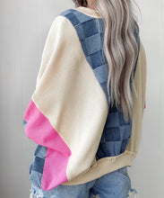 Load image into Gallery viewer, Oversized Checkered Denim Exposed Seam Patchwork Casual Sweatshirt
