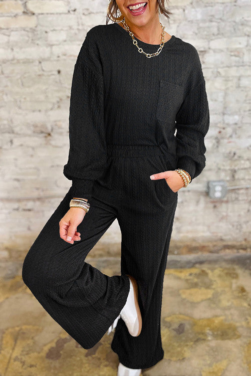 Textured Chest Pocket Long Sleeve Top 2Pcs Pants Set