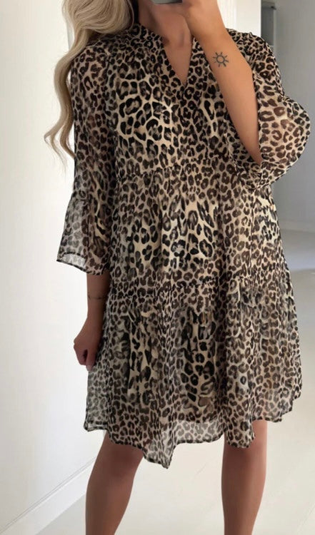 Leopard 3/4 Sleeve V Neck Swing Dress