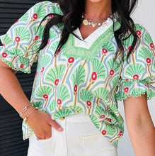 Load image into Gallery viewer, Floral Print Ricrac Trim Contrast V Neck Bubble Sleeve Summer Blouse
